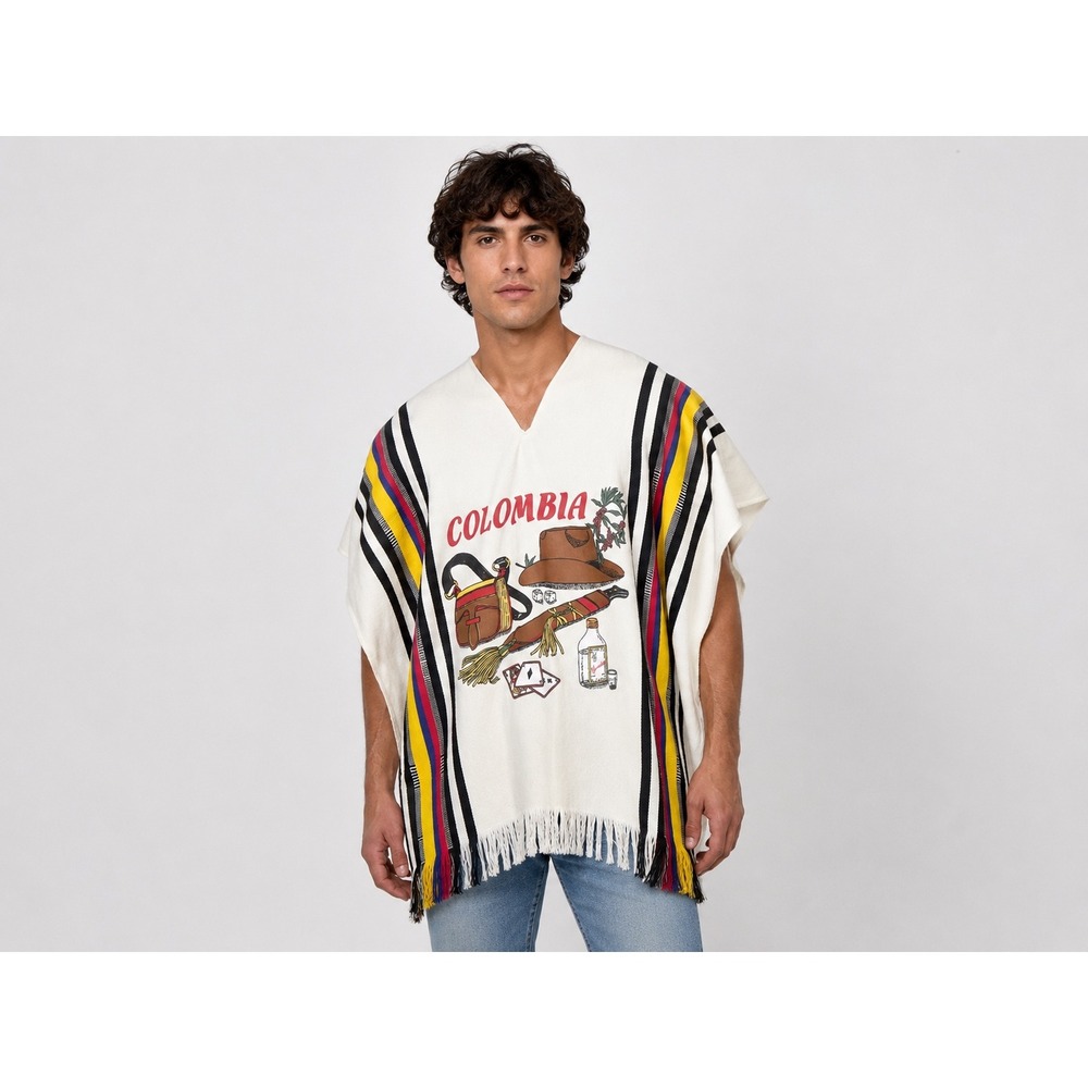 Colombian Woven Poncho One Size Cream Fringe Colombia Flag Stripe Souvenir